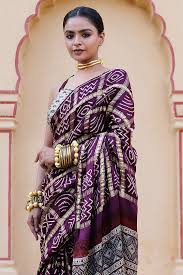 Wine Gajji Silk Ajrakh Hand Block Printed Gharchola Bandhani Sare